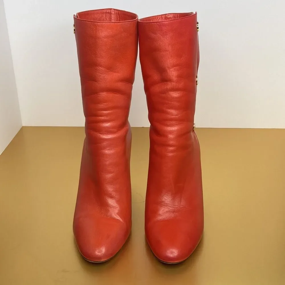 Jimmy Choo Boots Dayno Leather Mid Calf Vibrant Red Gold Button Closure Boots - Picture 2 of 16